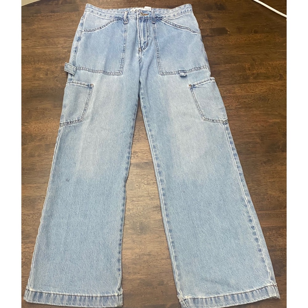 SONG Light Wash Wide Leg Carpenter Jeans High Rise Utility Cargo Pants Fray Hem